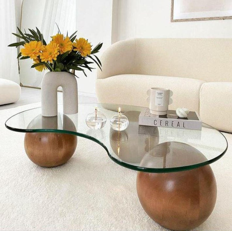 Wooden Oval Coffee Table, Mid Century Wooden Table, Glass Table with Wooden Ball, Center Coffee Table, Wooden Large Coffee, Side Table