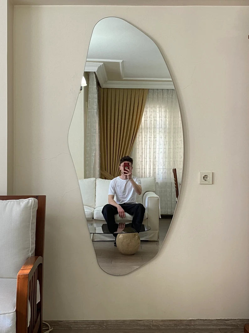 Full Length Mirror, Long Floor Mirror, Bedroom Full Body Mirror, Irregular Wavy Mirror, Asymmetric Tall Mirror, Large Wall Mirror