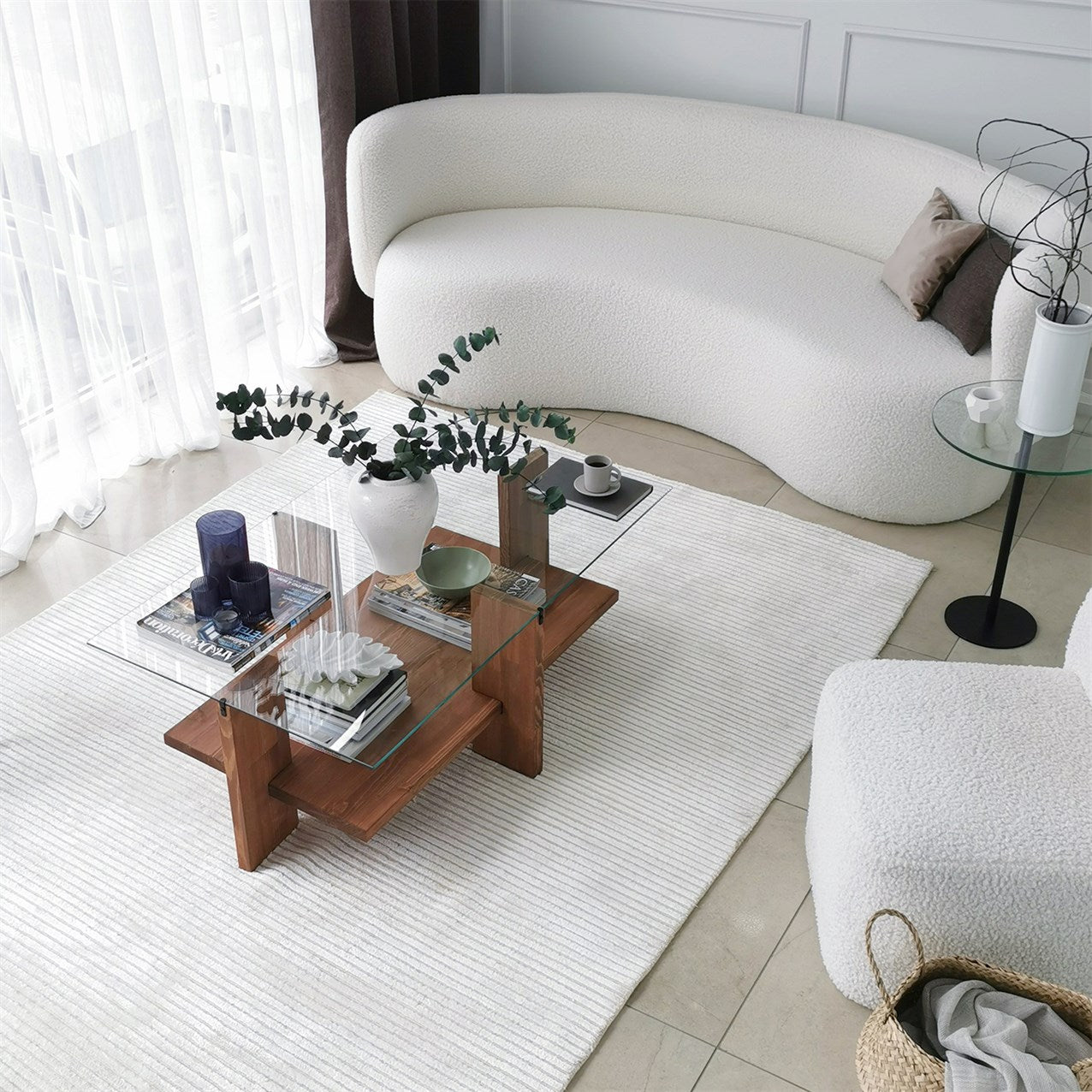 Large Unbreakable Glass Coffee Table,Wood End Table,Modern Center Table,Decorative Low Table, Wooden Minimalist Tempered Glass Side Table