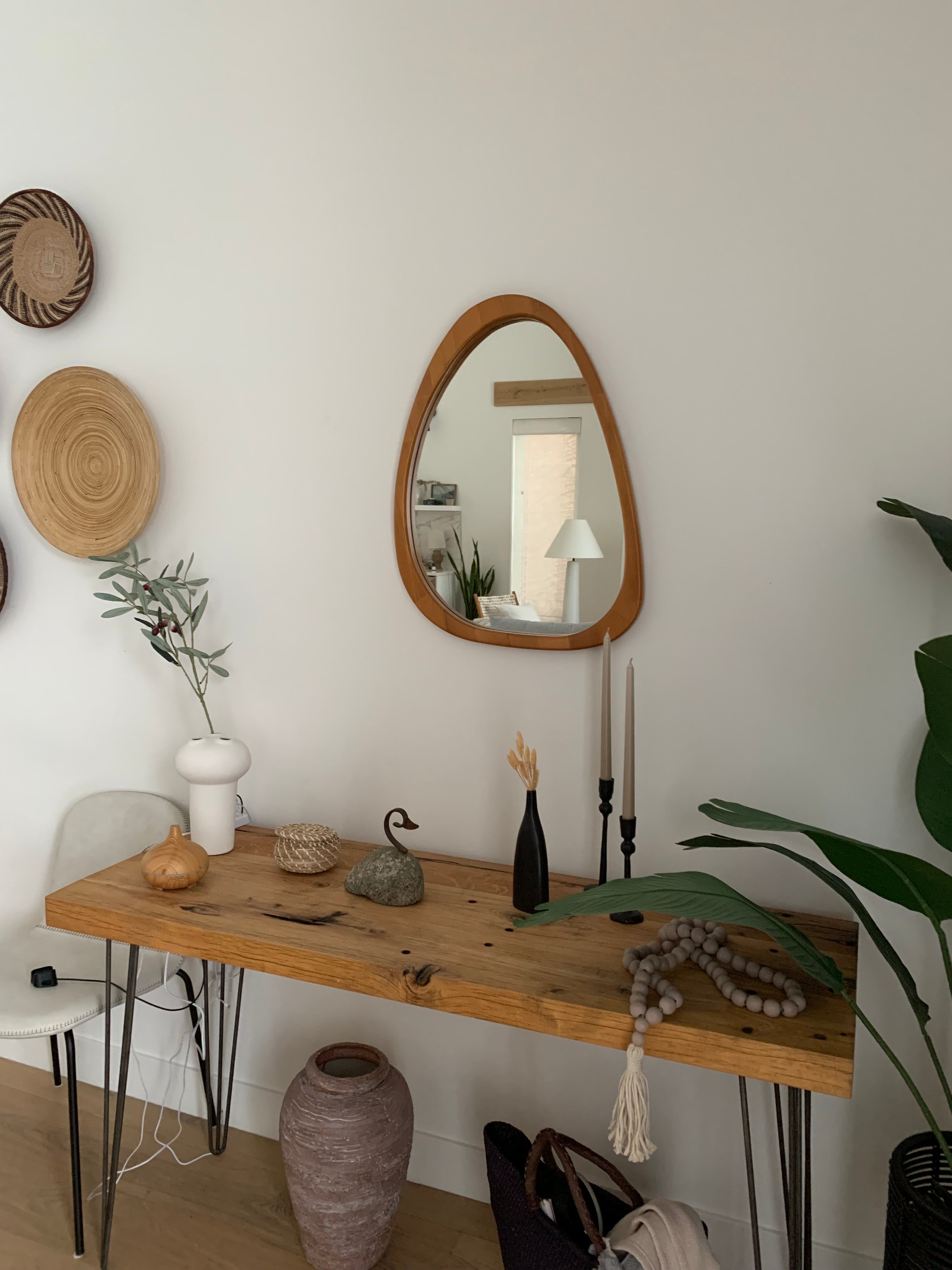 Asymmetrical Wood Wall Mirror, Oak, Walnut Wall Mirror, Mid-Century Irregular Mirror, Solid Wood Framed Mirror, Asymmetric Wood Mirror