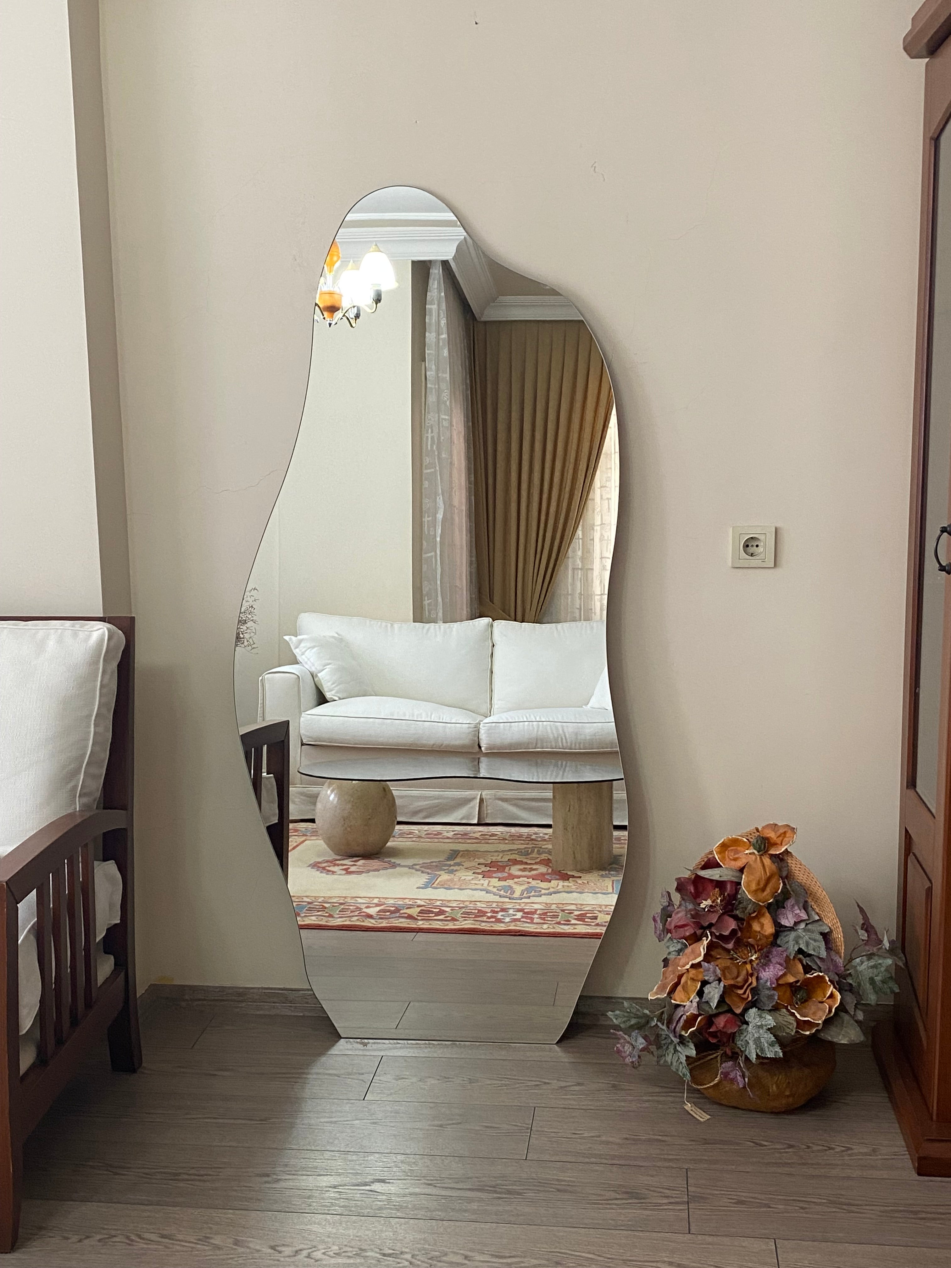 Full Length Wall Mirror, Long Floor Mirror, Irregular Mirror, Asymmetric Tall Mirror, Bedroom Full Body Mirror, Frameless Wall Mirror