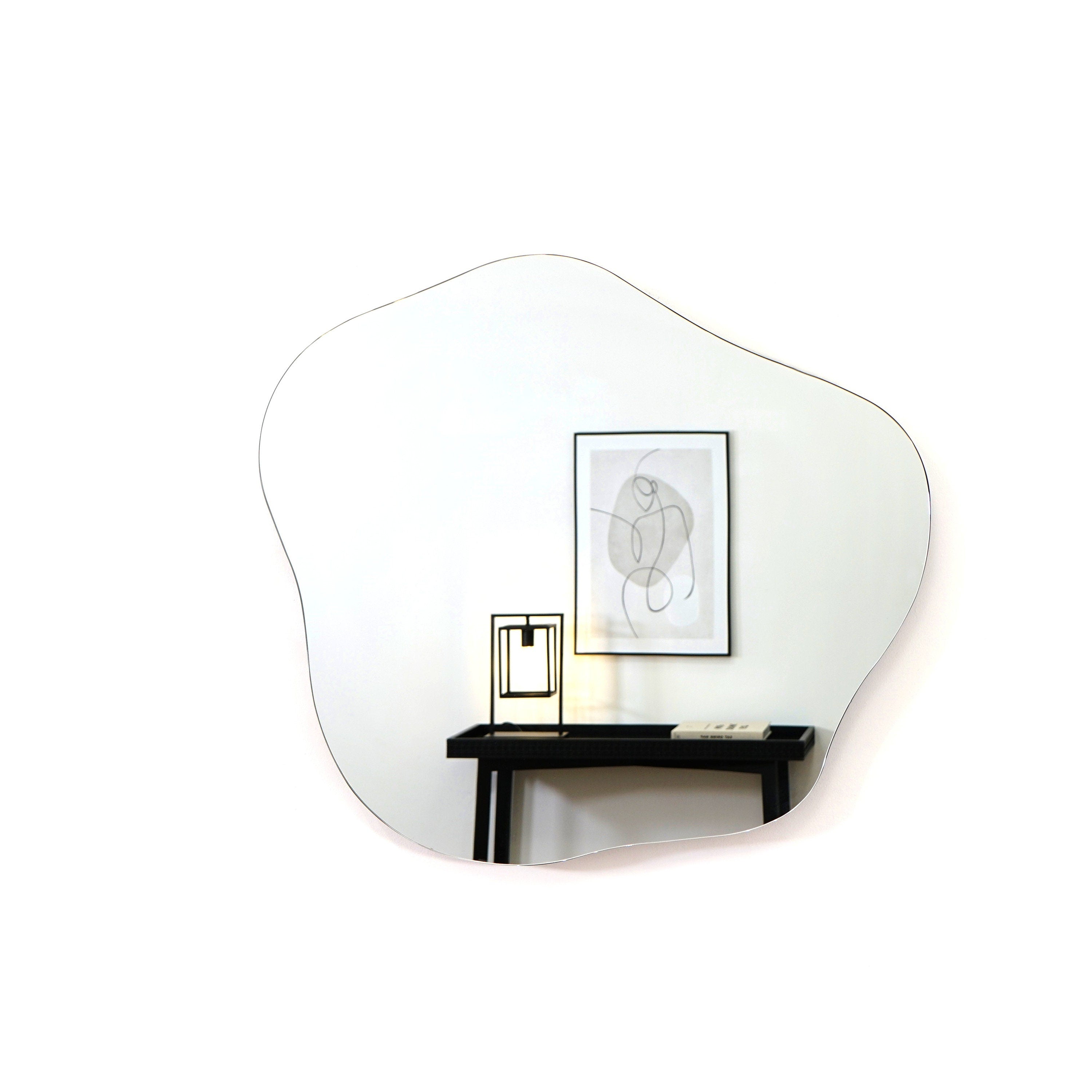 Asymmetrical Aesthetic Mirror, Irregular Frameless Mirror, Contemporary Pond Mirror, Asymmetric Wavy Mirror, Bathroom Wall Mirror Decor