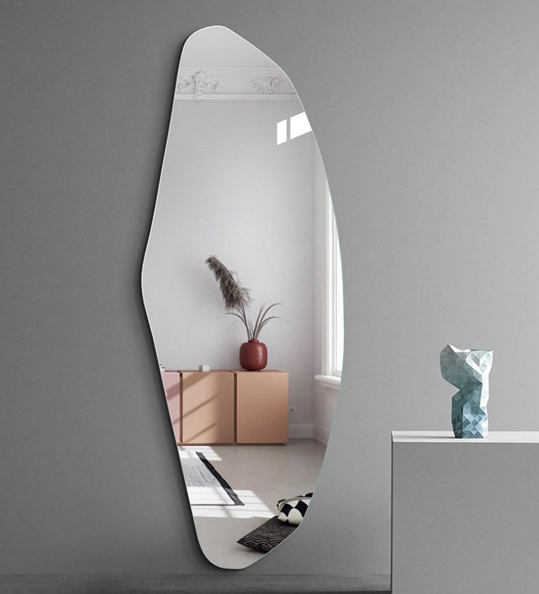 Full Length Mirror, Long Floor Mirror, Bedroom Full Body Mirror, Irregular Wavy Mirror, Asymmetric Tall Mirror, Large Wall Mirror