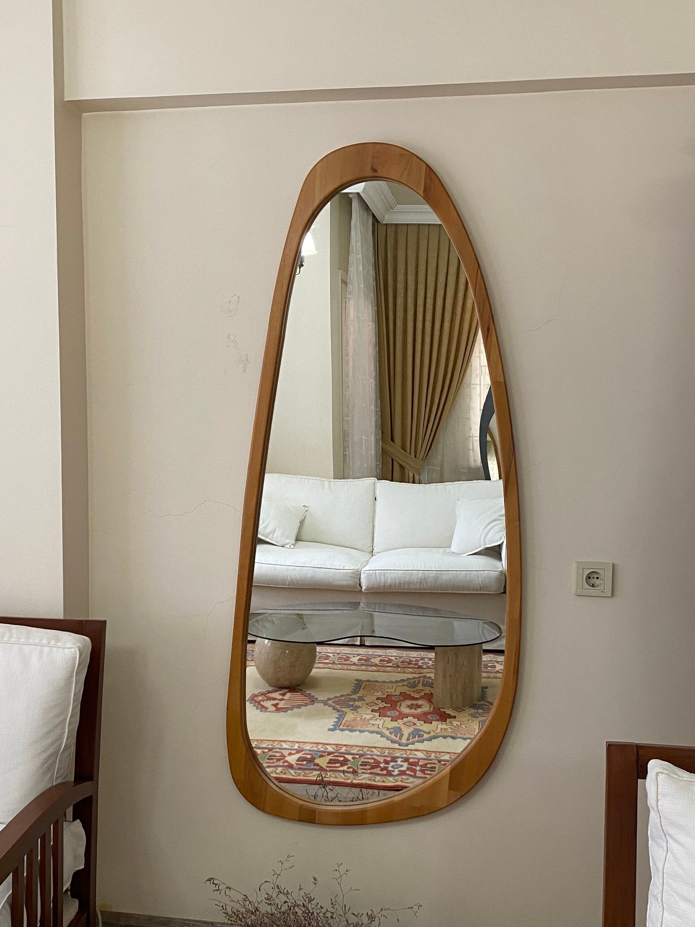 Asymmetrical Floor Mirror, Full Body Wood Wall Mirror,Full Length Irregular Mirror, Wood Framed Mirror, Asymmetric Wooden Mirror For Bedroom
