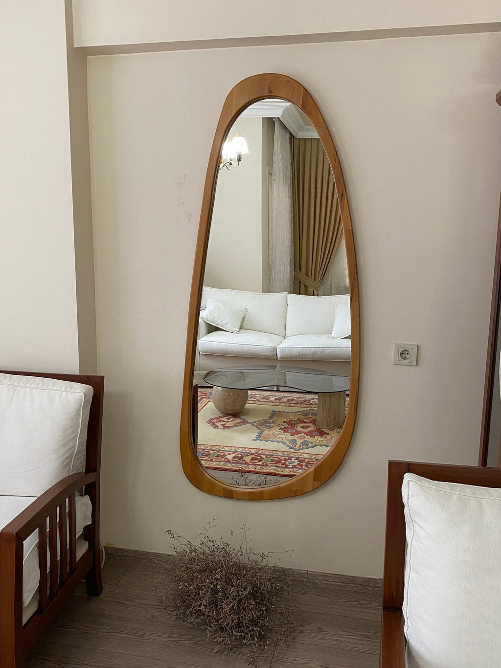 Asymmetrical Floor Mirror, Full Body Wood Wall Mirror,Full Length Irregular Mirror, Wood Framed Mirror, Asymmetric Wooden Mirror For Bedroom